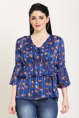 ukaim fashion Casual Bell Sleeve Floral Print Women Dark Blue Top