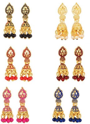Happy Stoning Stylish and Premium Jhumki Earrings for Women - Pack of 6 Pairs Beads Brass Jhumki Earring