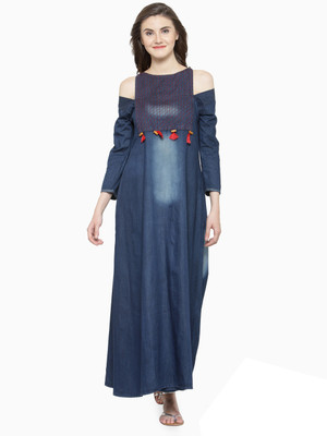 SERONA FABRICS Women Embroidered Straight Kurta(Blue)