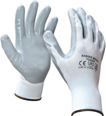 Cora Exim White shell with Grey Crinkle Finish Nitrile Coating Sretchable Gloves ( Pack of One Pair) A 1003 Latex  Safety Gloves(Pack of 2)