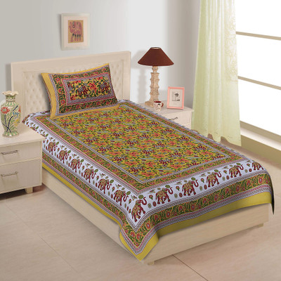 Indram 140 TC Cotton Single Jaipuri Prints Flat Bedsheet(Pack of 1, Yellow)