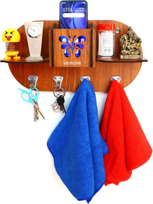 US DZIRE ™ 853 Multi-Purpose , Key, Cloth Hanger, Modern Shelve Wooden Handcrafted Home or Decorative Wood Key Holder(4 Hooks, Beige)