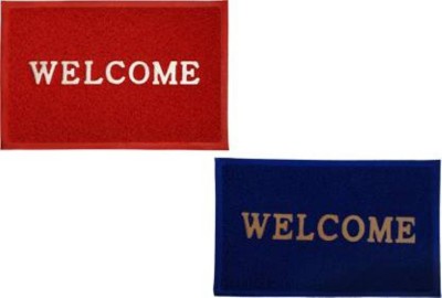 T9decorist Rubber Door Mat(Red, Blue, Medium, Pack of 2)