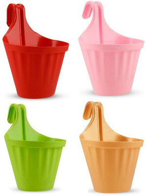 AGAMI Beautiful Groove Design Railing Hanging Smart Flower Pots Plant Container Set(Pack of 4, Plastic)