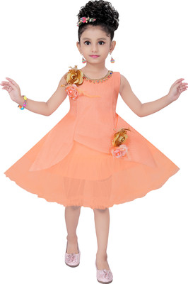 Clobay Girls Midi/Knee Length Party Dress(Orange, Sleeveless)