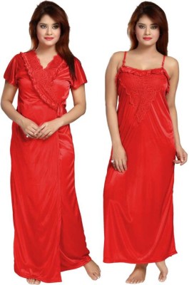 Zionity Women Nighty with Robe(Red)