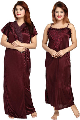 Zionity Women Nighty with Robe(Maroon)