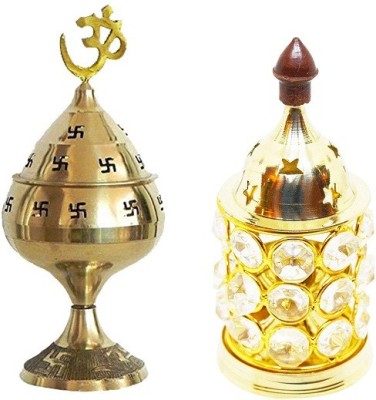 Uniqon Combo Of Crystal Akhand Diya Decorative Brass Oil Lamp Tea Light Holder With ( No.3 )Jali Akhand Jyoti Deep with Stand Brass(Multicolor)