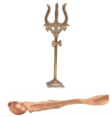 Uniqon Combo Of Copper Panch Patra Spoon for Poojan Purpose at Home With Trishul,trident Damru with Stand Brass Statue Brass(Multicolor)