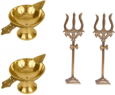 Utkarsh Combo Of 4 Pcs Laxmi Deepak Pital Diya (No 2 ) Oil / Ghee Diya With (1 no) Trishul,Damru with Stand Statue Brass(4 Pieces, Gold)