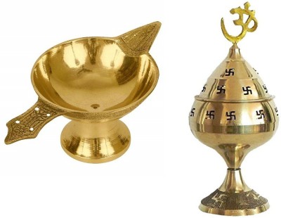 Utkarsh Combo Of Laxmi Deepak Pital Diya (No 2 ) Oil / Ghee Diya With Brass ( No.3 )Jali Jyoti Deep with Stand Brass(2 Pieces, Gold)