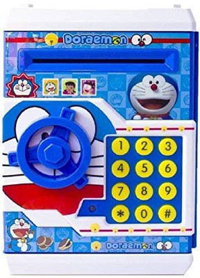 kiyan enterprise Plastic Battery Operated Cartoon Doraemon Mini Piggy Saving ATM Safe Bank with Electronic Lock for Kids Coin Bank(Blue)
