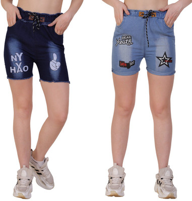 VOCCAL Printed Women Denim Dark Blue, Light Blue Hotpants, Denim Shorts