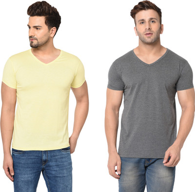 Tivy Solid Men V Neck Grey, Yellow T-Shirt