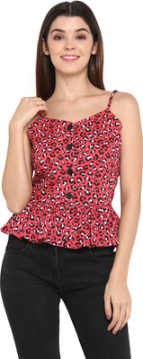 Deebaco Casual Noodle Strap Animal Print Women Pink Top