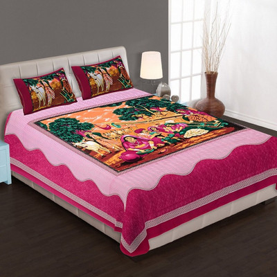 Nisha Enterprises Cotton Double Flat 144 TC Printed Bedsheet(Pack of 1, Pink)