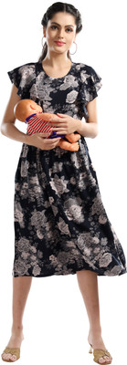 AV2 Women Printed Flared Kurta(Dark Blue)