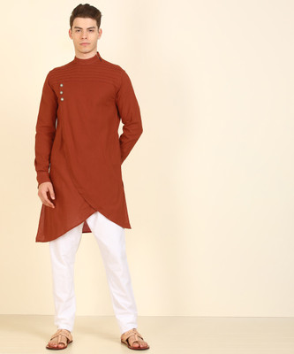Freehand Men Solid Asymmetric Kurta(Orange)