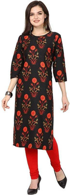 TexStile Women Floral Print Straight Kurta(Black)