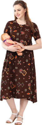 AV2 Women Printed Flared Kurta(Brown)