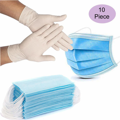 Shop & Shoppee Medical Examination Disposable Latex Hand Gloves & 3 layer 3Ply Surgical Mask for Security to Infection (10 Gloves & 10 Masks) SnSMG1 Reusable Surgical Mask With Melt Blown Fabric Layer(Blue, Free Size, Pack of 20, 3 Ply)