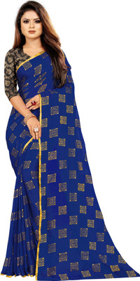 JV Fashion Printed Chanderi Chiffon Saree(Dark Blue)