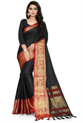 THESIYA FAB Woven Chanderi Cotton Silk Saree(Black)