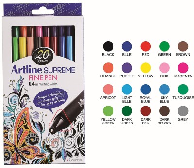 Artline Supreme Fine Pen 0.4 mm metal-clad tip Nib Sketch Pens(Set of 20, Multicolor)