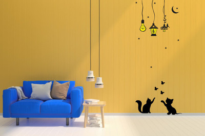 Byte Studio 73 cm playing cat with birds and lamp wall sticker Self Adhesive Sticker(Pack of 1)
