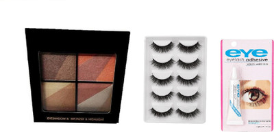 Miss Hot Palette Eyeshaow & Bronzer & Highlighter-02 12 g (Multicolor), 5 Pair False Eyelash, Eyelash Glue(3 Items in the set)