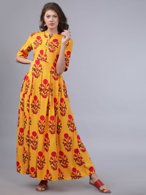 Vishudh Women A-line Yellow Maxi/Full Length Dress