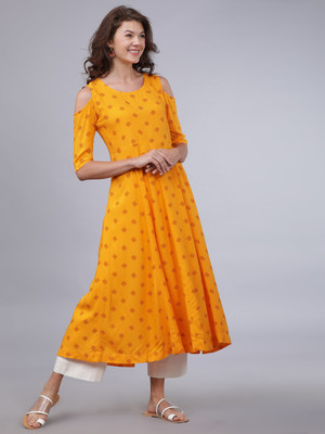 Vishudh Women Solid Anarkali Kurta(Yellow)