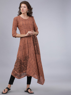 Vishudh Women Printed A-line Kurta(Brown)