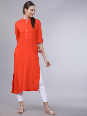 Vishudh Women Solid Straight Kurta(Orange)
