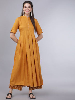 Vishudh Women Solid Flared Kurta(Yellow)