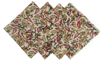 Handicraft-Palace Cotton Hand Block Printed Napkins Beige Cloth Napkins(4 Sheets)