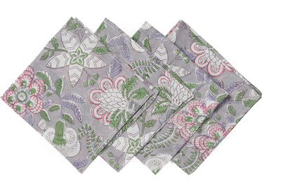 Handicraft-Palace Cotton Hand Block Printed Napkins Grey Cloth Napkins(4 Sheets)
