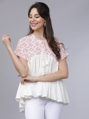 TOKYO TALKIES Casual Short Sleeve Printed Women White Top
