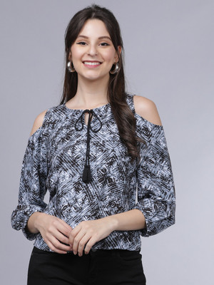 TOKYO TALKIES Casual Cold Shoulder Printed Women Black Top