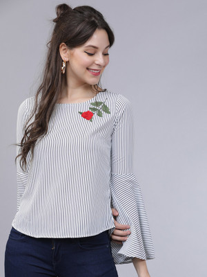 Tokyo Talkies Casual Bell Sleeve Embroidered Women Multicolor Top