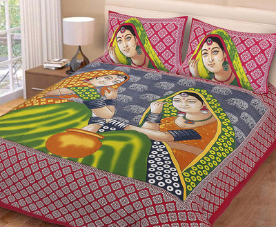 RR FABTEC Cotton Double Flat 140 TC Printed Bedsheet(Pack of 1, Red)