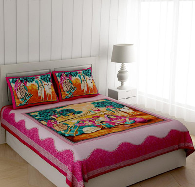 RR FABTEC Cotton Double Flat 140 TC Printed Bedsheet(Pack of 1, Pink)