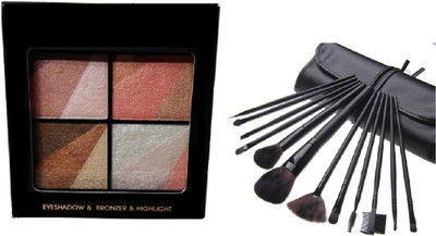 Miss Hot Palette Eyeshaow & Bronzer & Highlighter-04 12 g (Multicolor), Makeup Brushes With Bag for Face And Eye Cosmetics Premium Synthetic Hair (12 PCS)(2 Items in the set)