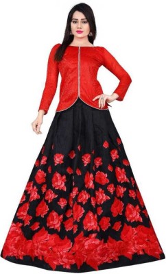 JAYMOGAL FASHION Floral Print Semi Stitched Lehenga Choli(Red, Black)