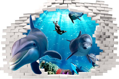 god & god's 61 cm 3D Dolphin Wall Design-755 Self Adhesive Sticker(Pack of 1)