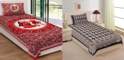 Ubania Collection 140 TC Cotton Single Printed Flat Bedsheet(Pack of 2, Red&Black)