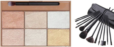 Miss Hot Total Effect Palette -01 Highlighter (Multicolor), 12Pcs Black Brush(13 Items in the set)