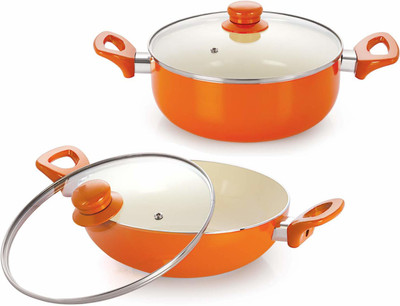 NIRLON Nirlon Ceramic Non Stick Cookware with Glass Lid, Induction & Gas Compatible Cookware Induction Bottom Non-Stick Coated Cookware Set(PTFE (Non-stick), Aluminium, 2 - Piece)