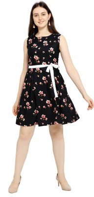 Hiral Creation Women Skater Black Knee Length Dress