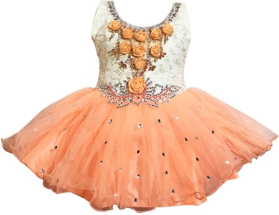 any time fashion Girls Midi/Knee Length Festive/Wedding Dress(Orange, Sleeveless)